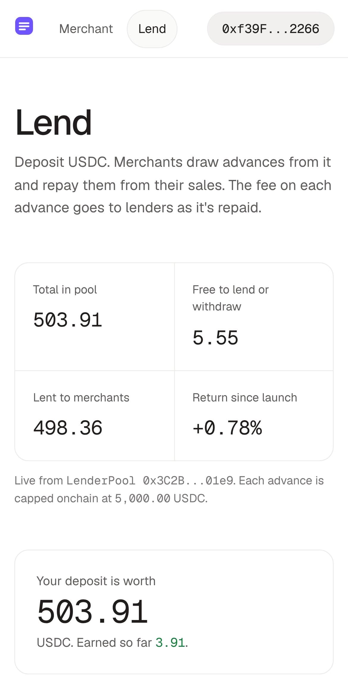 Tillbook lend screen on a phone with live pool totals