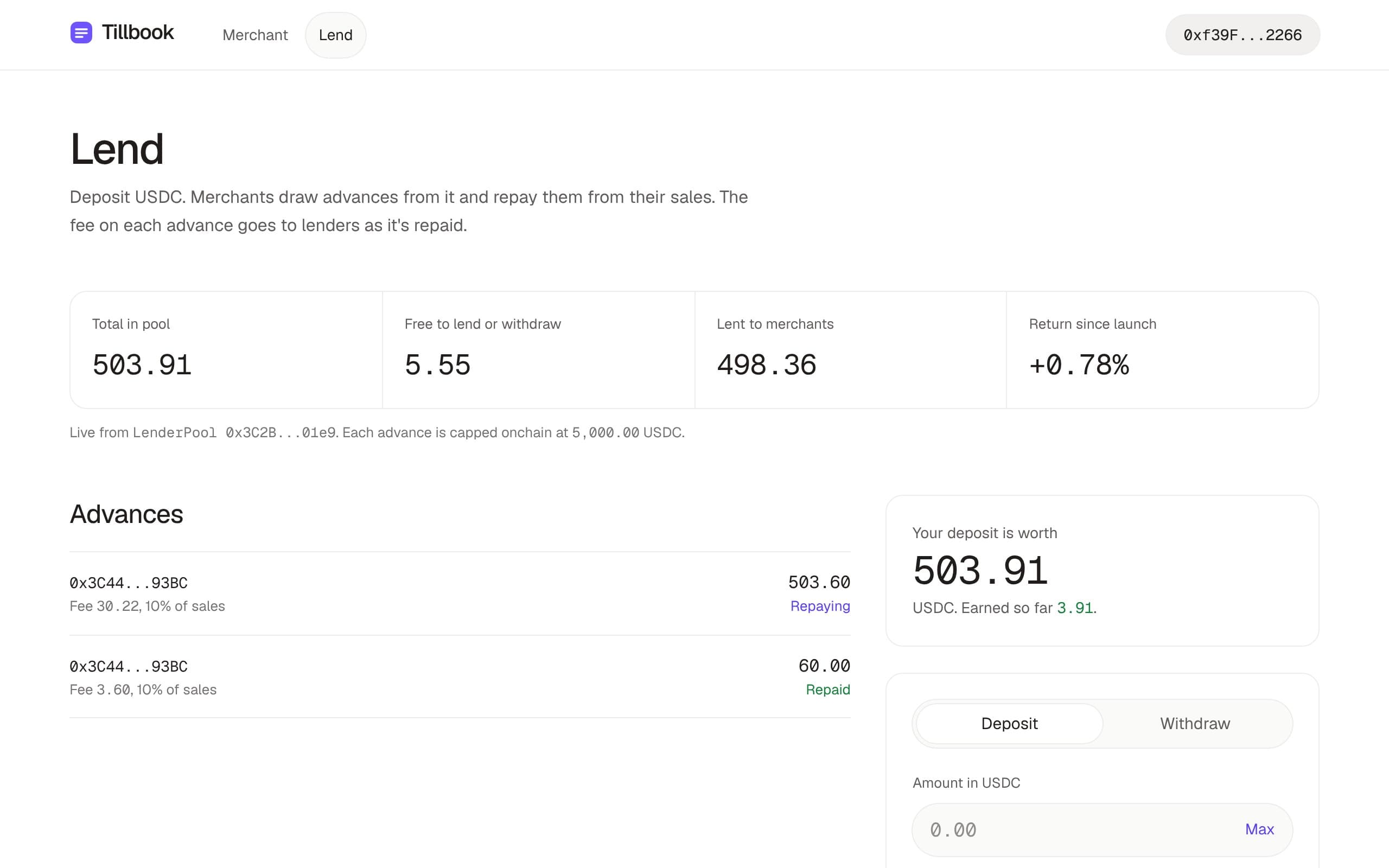 Tillbook lend screen with live pool totals, advances and a deposit form
