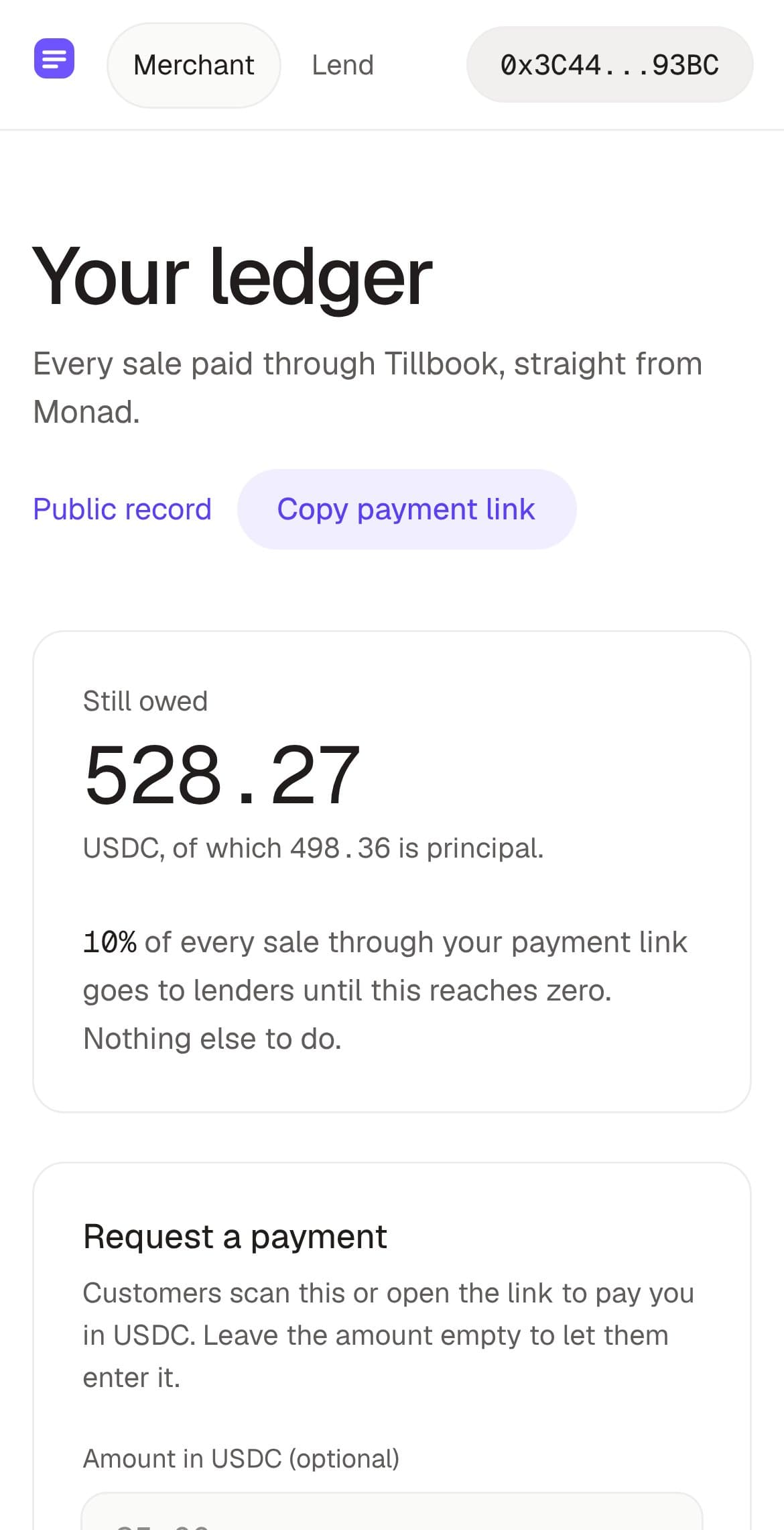 Tillbook merchant app on a phone, showing an advance being repaid from sales