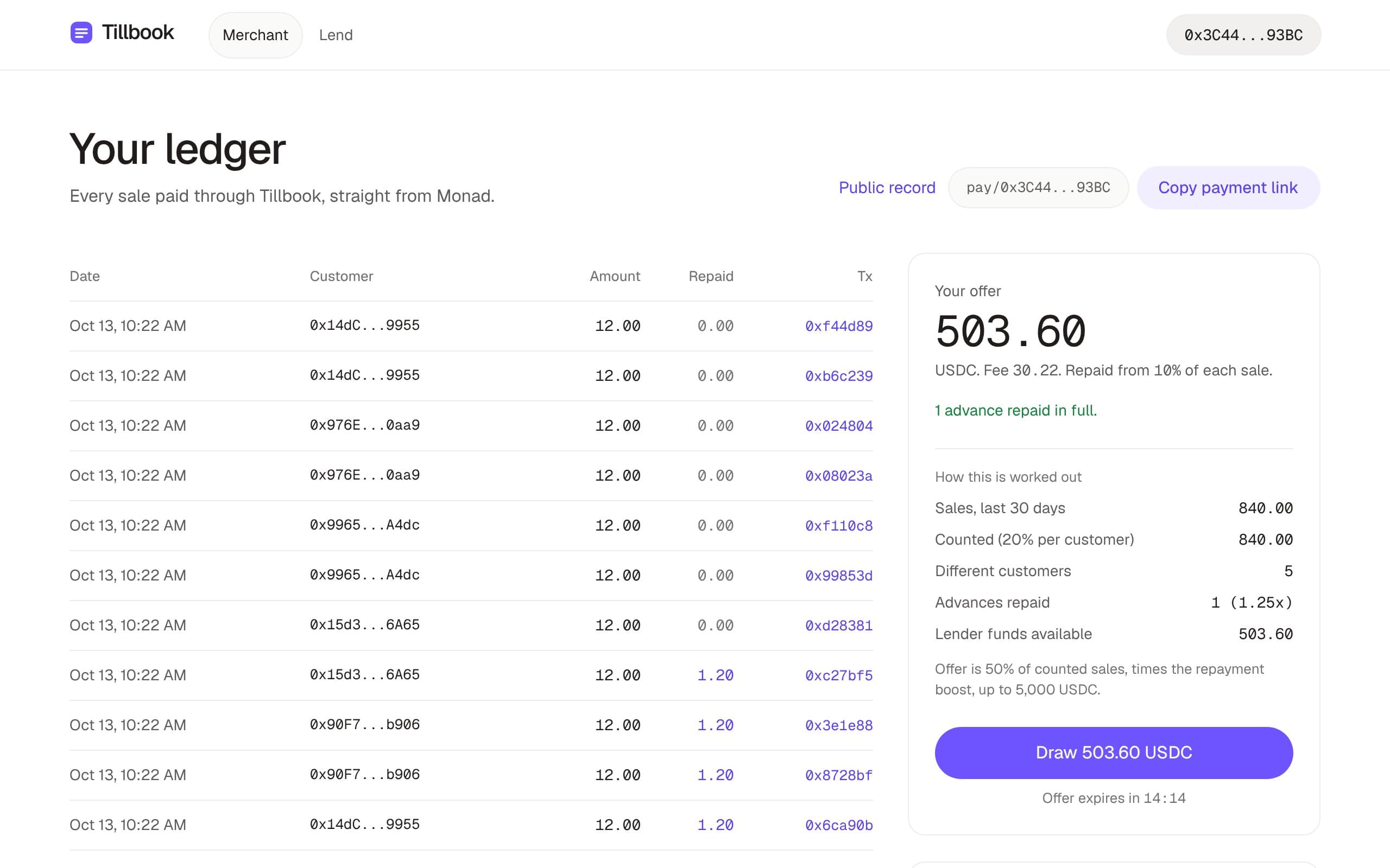 Tillbook merchant dashboard with a sales ledger and an advance offer